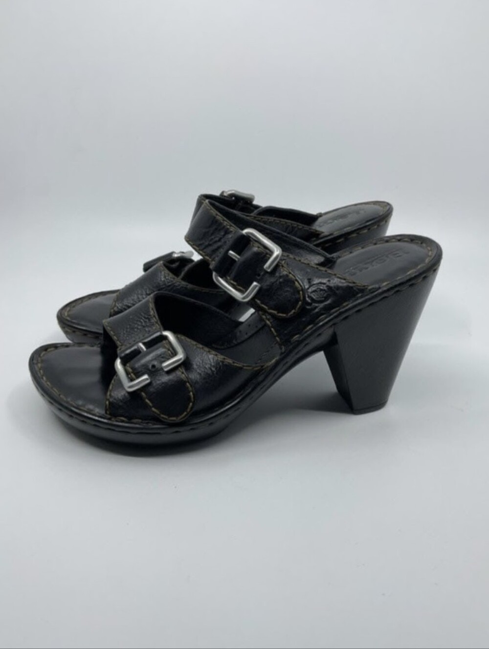 Born Leather Platform Block Heel Sandals Double Strap Adjustable Slide Mules 7